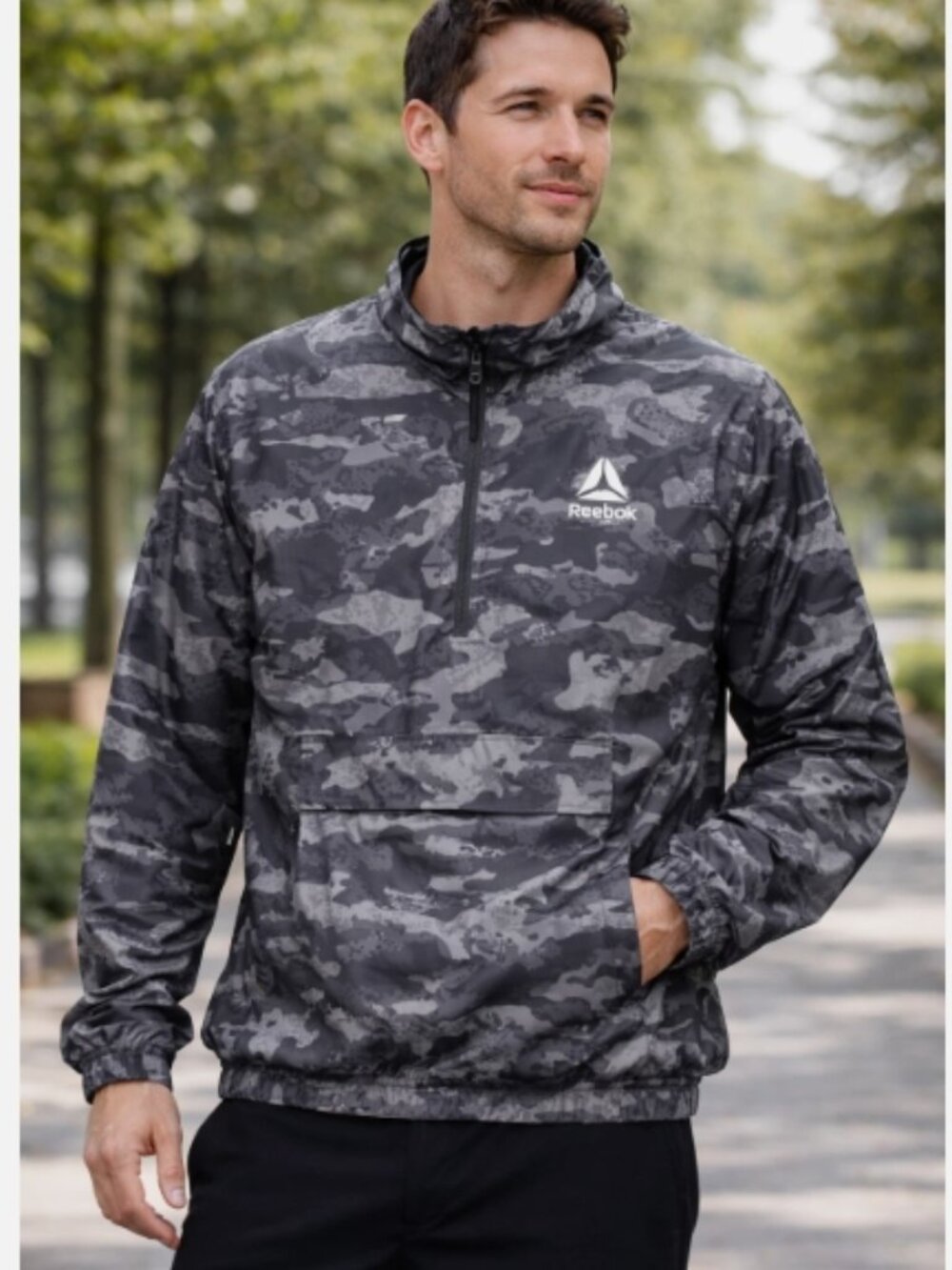 Reebok Track Jacket Windbreaker Camo 1/2 Zip Pullover Gray Mens Large